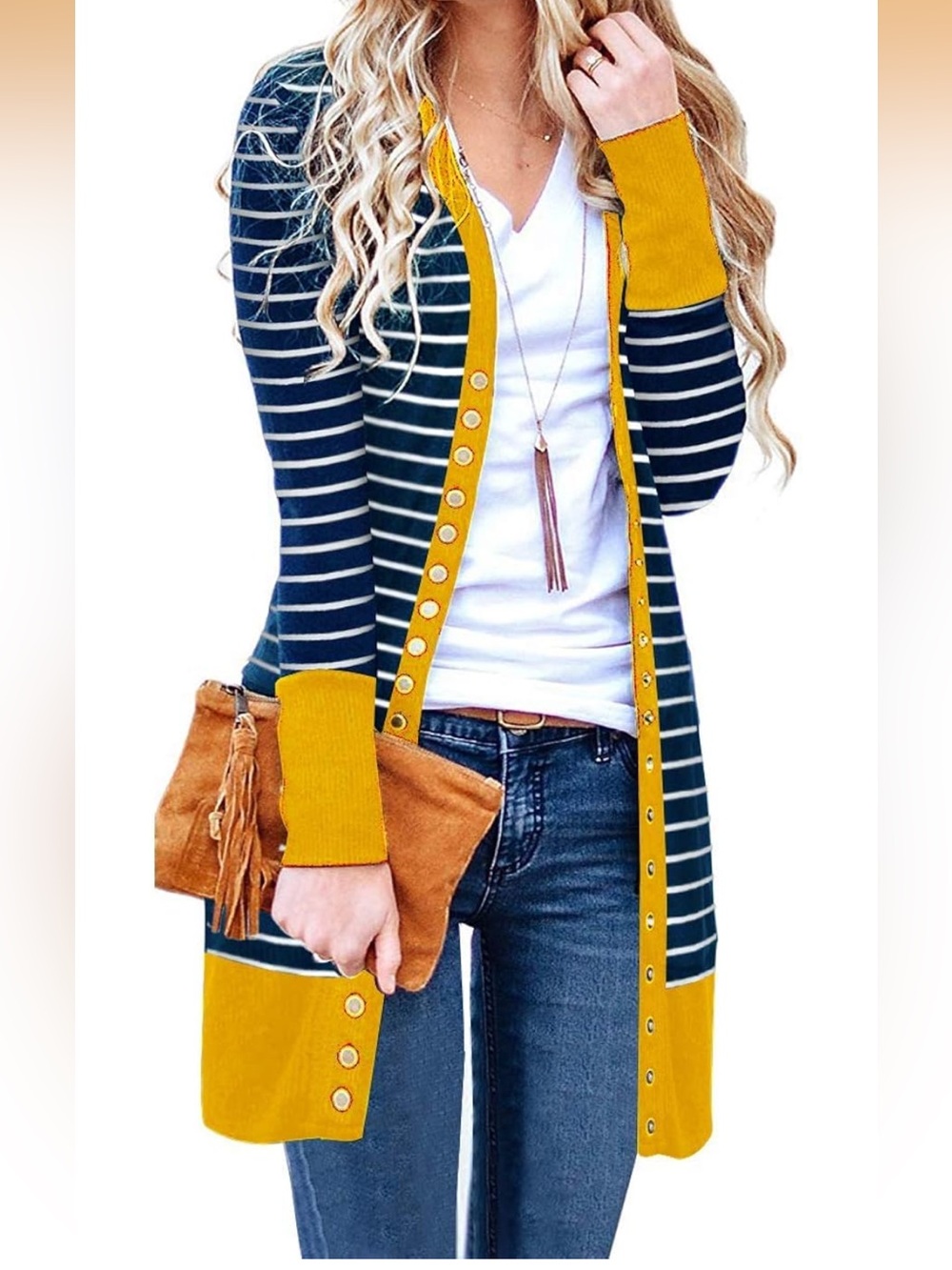 Striped Navy & Mustard Long Open Cardigan by